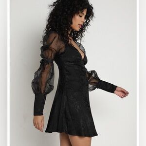 For Love & Lemons Gabrielle Puff Sleeve Mini Dress Black NEW Large